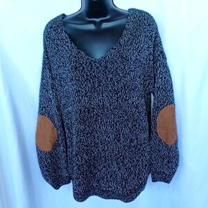 Cupcake Women's V Neck Sweater Patch Sleeve Acrylic Pullover Black/white, L